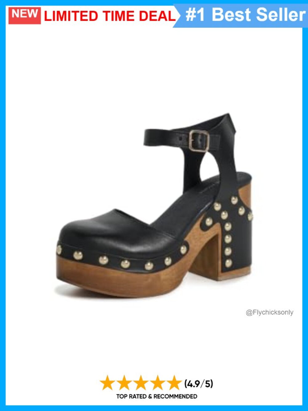 Studded Leather Platform Clogs Ankle Strap Buckle Block Heel